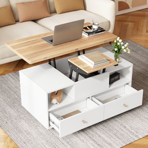 Table Basse Revelable 100x50x47.5-62 Cm Avec 4 Tiroirs, Compartiments Ouverts, En Mdf, Blanche