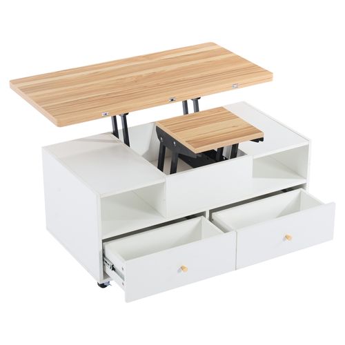 Table Basse Revelable 100x50x47.5-62 Cm Avec 4 Tiroirs, Compartiments Ouverts, En Mdf, Blanche