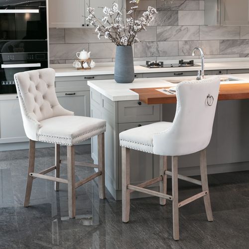 Lot De 2 Tabourets De Bar 60x50x104 Cm Dossier Haut, Velours Beige, Pieds En Bois