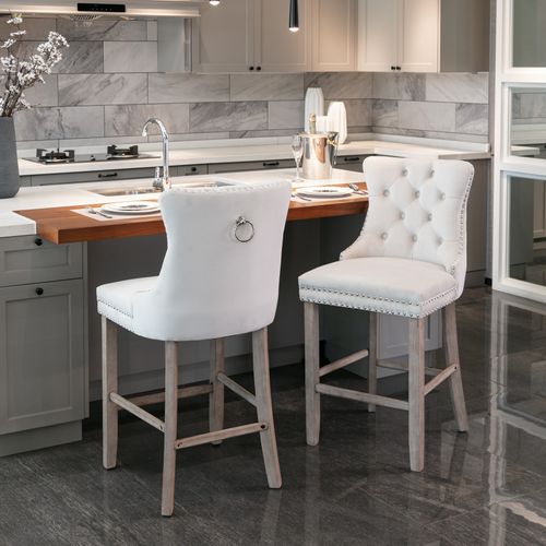 Lot De 2 Tabourets De Bar 60x50x104 Cm Dossier Haut, Velours Beige, Pieds En Bois