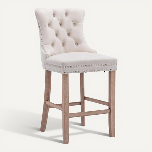 Lot De 2 Tabourets De Bar 60x50x104 Cm Dossier Haut, Velours Beige, Pieds En Bois