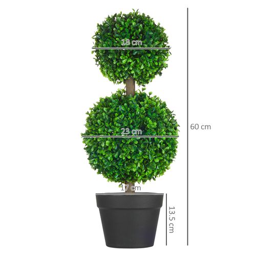 Lot De 2 Buis Artificiels 60 Cm à 2 Boules, Plante Décorative Avec Protection Uv, Plastique, Vert