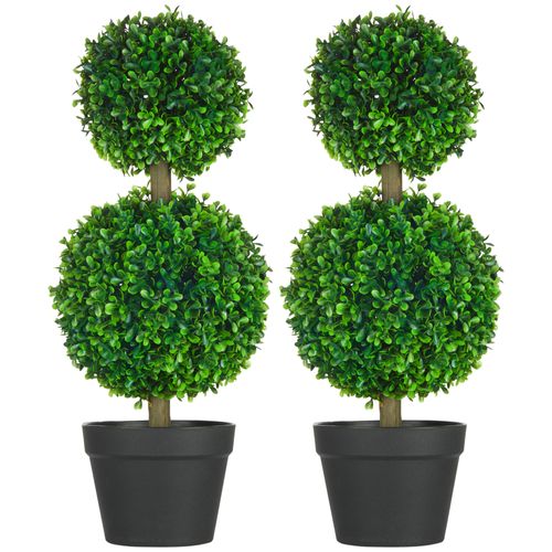 Lot De 2 Buis Artificiels 60 Cm à 2 Boules, Plante Décorative Avec Protection Uv, Plastique, Vert