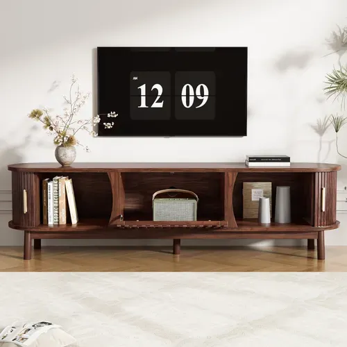 Meuble TV 165 Cm Portes Coulissantes Et Rabattable Mdf Marron Rétro