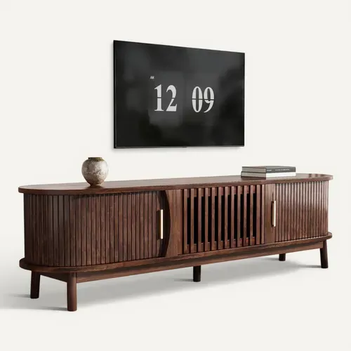 Meuble TV 165 Cm Portes Coulissantes Et Rabattable Mdf Marron Rétro
