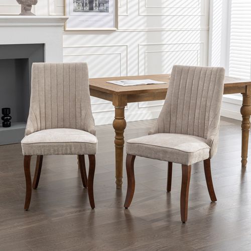 Lot De 2 Chaises De Salle à Manger En Chenille 50 X 64 X 95,5 Cm, Pieds En Bois Massif, Beige