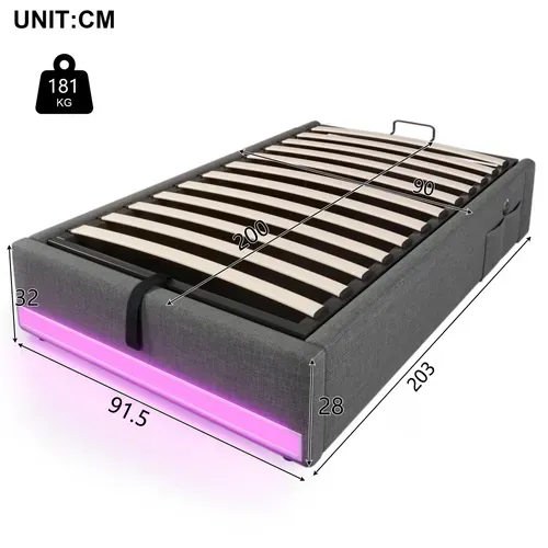 Lit Coffre Lit Enfant 90 X 200 Cm, Lit Simple Avec LED, USB Et Type-c, Lin, Gris
