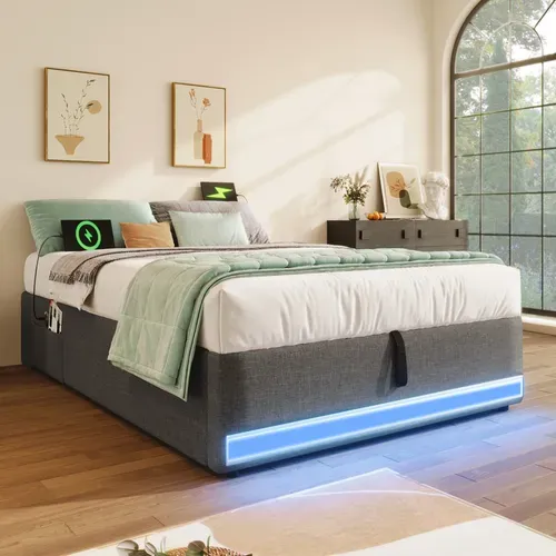 Lit Coffre Lit Enfant 90 X 200 Cm, Lit Simple Avec LED, USB Et Type-c, Lin, Gris