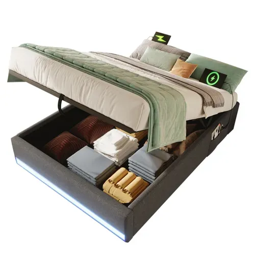 Lit Coffre Lit Enfant 90 X 200 Cm, Lit Simple Avec LED, USB Et Type-c, Lin, Gris