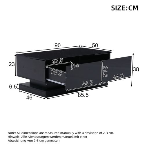 Table Basse Rectangulaire 90x50x38 Cm Avec 2 Tiroirs, LED, Rangements Ouverts,noire