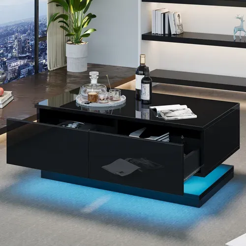 Table Basse Rectangulaire 90x50x38 Cm Avec 2 Tiroirs, LED, Rangements Ouverts,noire