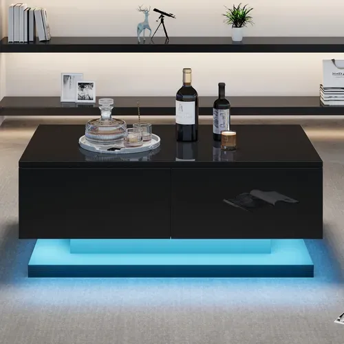 Table Basse Rectangulaire 90x50x38 Cm Avec 2 Tiroirs, LED, Rangements Ouverts,noire