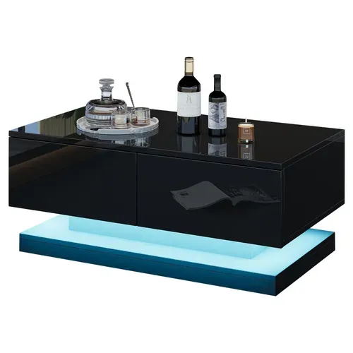 Table Basse Rectangulaire 90x50x38 Cm Avec 2 Tiroirs, LED, Rangements Ouverts,noire