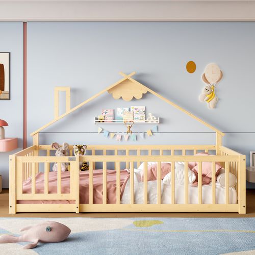 Lit Cabane Enfant 90 X 190 Cm Avec Barrières De Sécurité Verrouillables, En Pin, Couleur Bois