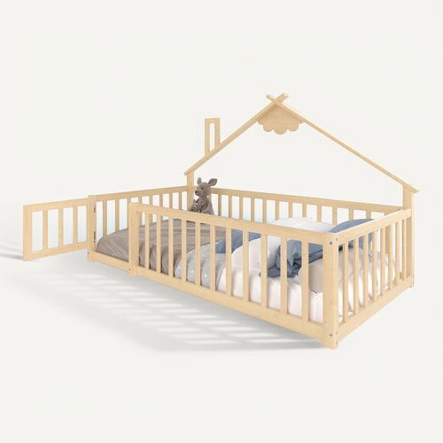 Lit Cabane Enfant 90 X 190 Cm Avec Barrières De Sécurité Verrouillables, En Pin, Couleur Bois