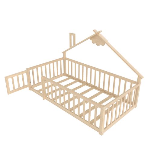 Lit Cabane Enfant 90 X 190 Cm Avec Barrières De Sécurité Verrouillables, En Pin, Couleur Bois