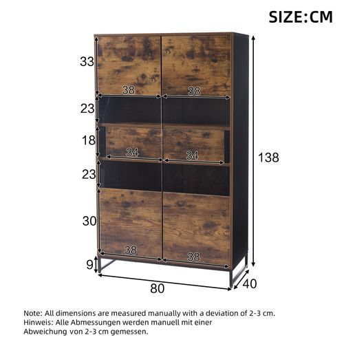 Vitrine  80x40x138 Cm Avec 2 Tiroirs, 2 Portes, Étagères, LED, Rangements, Noire Et Marron