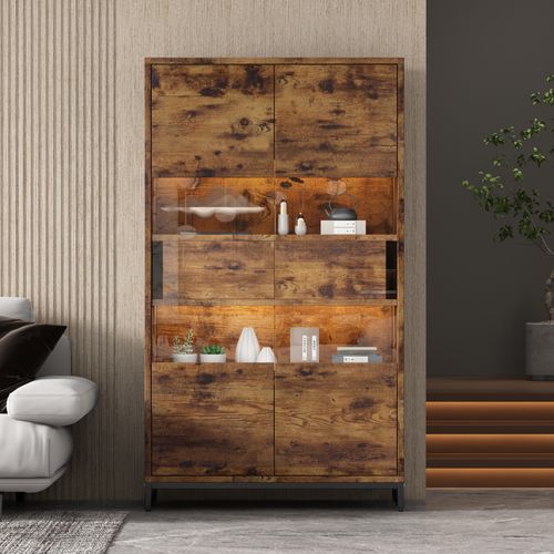 Vitrine  80x40x138 Cm Avec 2 Tiroirs, 2 Portes, Étagères, LED, Rangements, Noire Et Marron