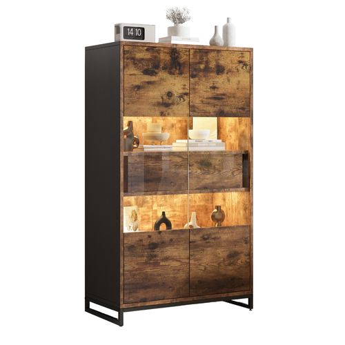 Vitrine  80x40x138 Cm Avec 2 Tiroirs, 2 Portes, Étagères, LED, Rangements, Noire Et Marron