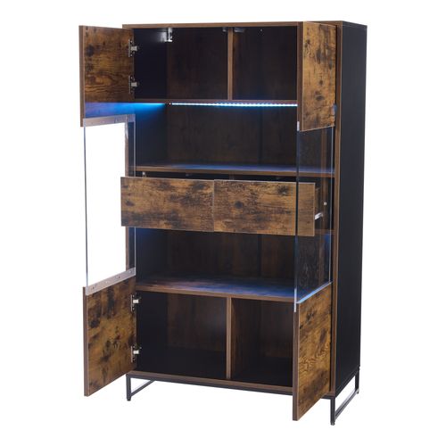 Vitrine  80x40x138 Cm Avec 2 Tiroirs, 2 Portes, Étagères, LED, Rangements, Noire Et Marron