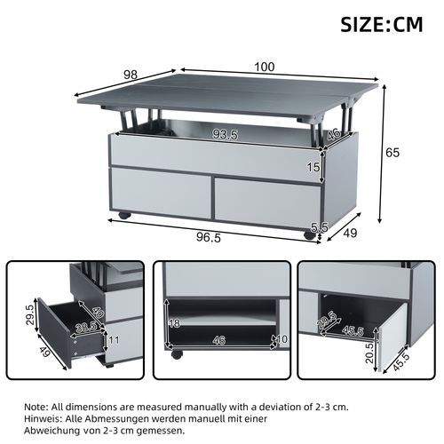 Table Basse Rectangulaire Relevable 100x98x65 Cm Avec 1 Tiroir, 1 Porte, Rangement, Roulettes, Gris