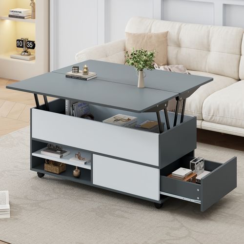 Table Basse Rectangulaire Relevable 100x98x65 Cm Avec 1 Tiroir, 1 Porte, Rangement, Roulettes, Gris