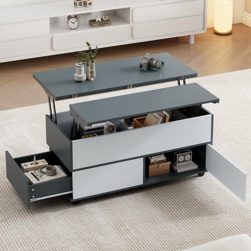 Table Basse Rectangulaire Relevable 100x98x65 Cm Avec 1 Tiroir, 1 Porte, Rangement, Roulettes, Gris