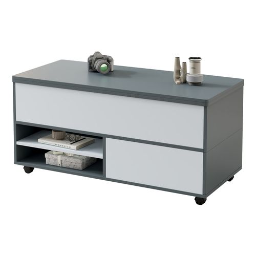 Table Basse Rectangulaire Relevable 100x98x65 Cm Avec 1 Tiroir, 1 Porte, Rangement, Roulettes, Gris