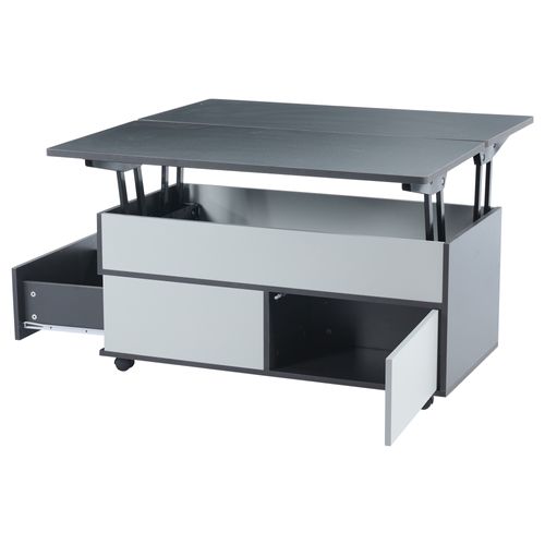 Table Basse Rectangulaire Relevable 100x98x65 Cm Avec 1 Tiroir, 1 Porte, Rangement, Roulettes, Gris