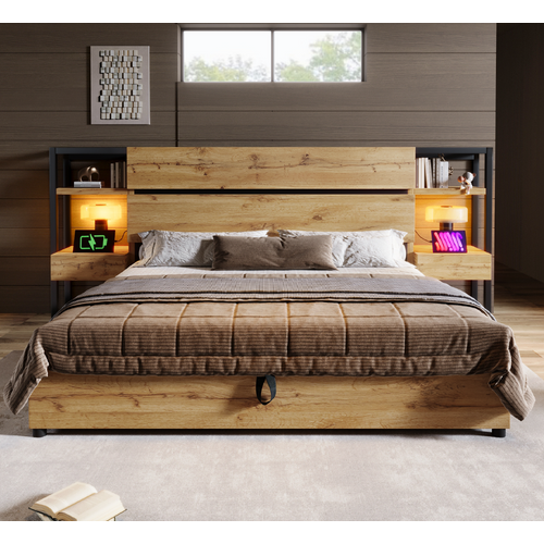 Lit Coffre Adulte 160x200 Cm Avec Rangement, Prises USB-c, 2 Tiroirs, Sommier, Mdf, Couleur Chêne