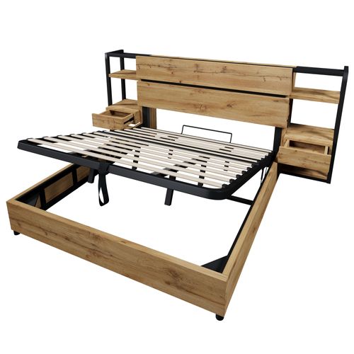 Lit Coffre Adulte 180x200 Cm Avec Rangement, Prises USB-c, 2 Tiroirs, Sommier, Mdf, Couleur Chêne