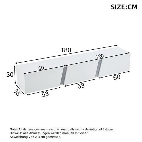 Meuble TV 180 X 35 X 30 Cm Avec Éclairage LED, 3 Portes, En Panneau De Particules, Blanc