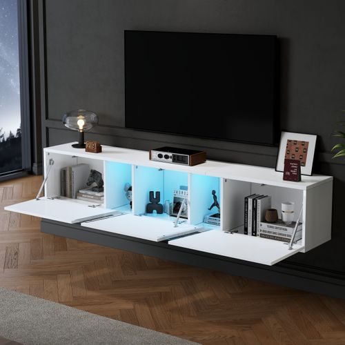 Meuble TV 180 X 35 X 30 Cm Avec Éclairage LED, 3 Portes, En Panneau De Particules, Blanc