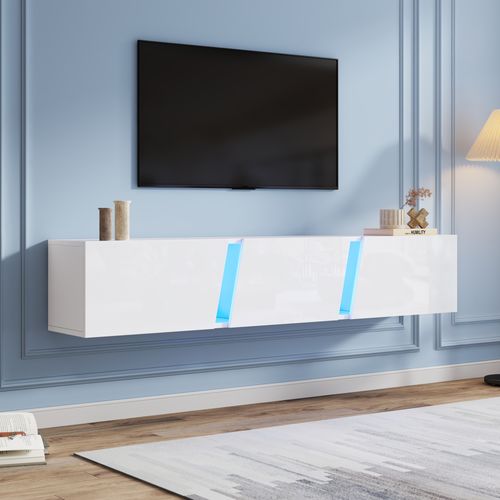 Meuble TV 180 X 35 X 30 Cm Avec Éclairage LED, 3 Portes, En Panneau De Particules, Blanc