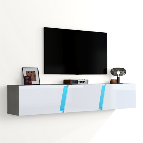 Meuble TV 180 X 35 X 30 Cm Avec Éclairage LED, 3 Portes, En Panneau De Particules, Blanc