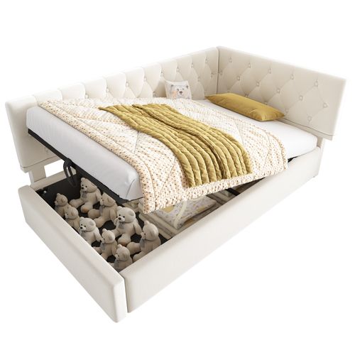 Lit Coffre Enfant 90x190 Cm Avec Rangement, Lit Simple Avec Sommier à Lattes, Velours, Beige