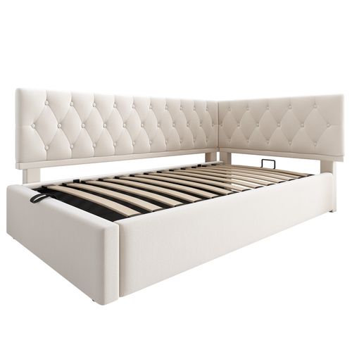 Lit Coffre Enfant 90x190 Cm Avec Rangement, Lit Simple Avec Sommier à Lattes, Velours, Beige