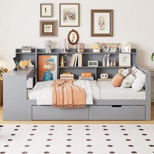 Lit Enfant 90 X 200cm En Bois, Lit Simple, Bureau, 2 Tiroirs, Rangements Et Étagères, Prise, Gri