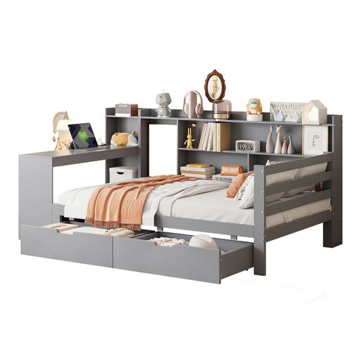 Lit Enfant 90 X 200cm En Bois, Lit Simple, Bureau, 2 Tiroirs, Rangements Et Étagères, Prise, Gri