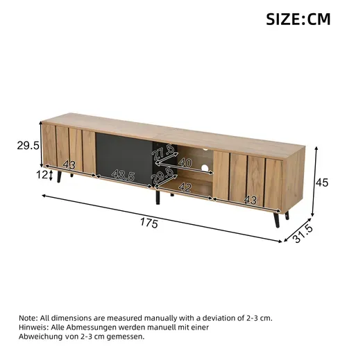 Meuble TV 175 X 31,5 X 45 Cm Avec 3 Portes, Espace De Rangement, Couleur Chêne Et Noir