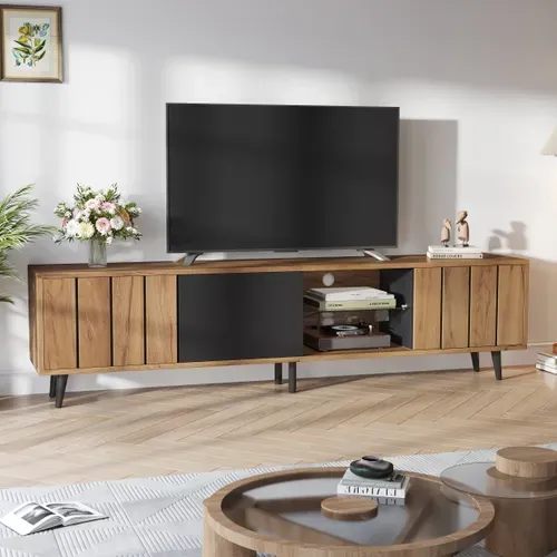 Meuble TV 175 X 31,5 X 45 Cm Avec 3 Portes, Espace De Rangement, Couleur Chêne Et Noir