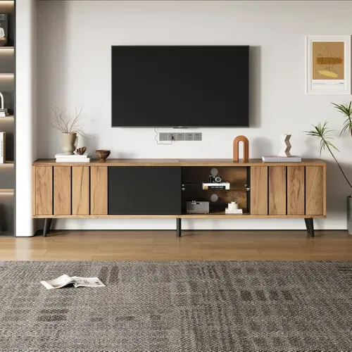 Meuble TV 175 X 31,5 X 45 Cm Avec 3 Portes, Espace De Rangement, Couleur Chêne Et Noir