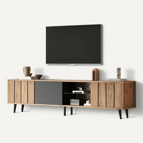 Meuble TV 175 X 31,5 X 45 Cm Avec 3 Portes, Espace De Rangement, Couleur Chêne Et Noir