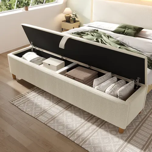 Banc De Lit 175x38x46 Cm Avec Rangement Hydraulique, En Velours Côtelé Et En Bois, Beige