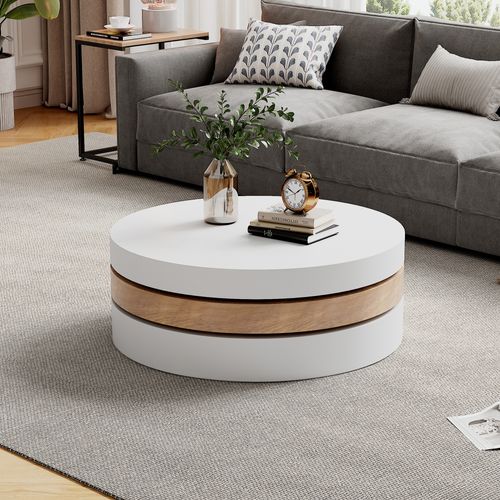 Table Basse Ronde 60x60x35 Cm 360° Rotative, 3 Plateaux, Rangement, En Mdf, Blanc Et Naturel