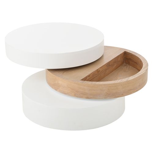 Table Basse Ronde 60x60x35 Cm 360° Rotative, 3 Plateaux, Rangement, En Mdf, Blanc Et Naturel