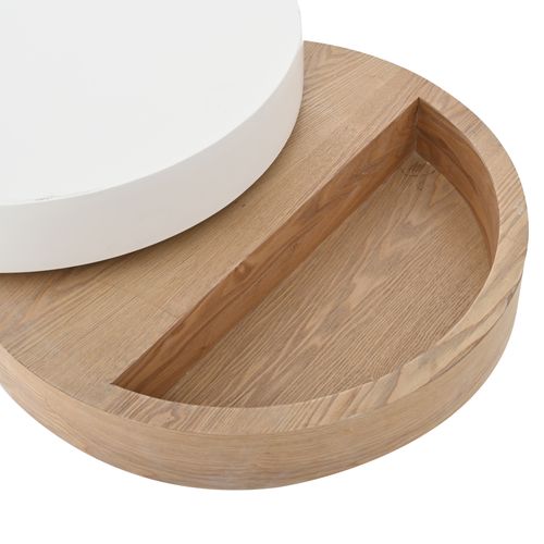 Table Basse Ronde 60x60x35 Cm 360° Rotative, 3 Plateaux, Rangement, En Mdf, Blanc Et Naturel