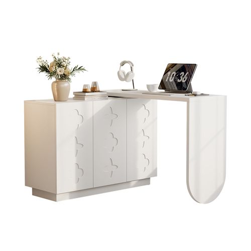 Bureau D'angle Extensible En L Avec 3 Portes, Table De Bureau, Mdf, Blanc