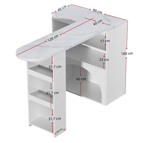 Table D'appoint 120(+80)×40×100 Cm Avec Motif Marbre, Passage Animal, En Mdf, Blanc