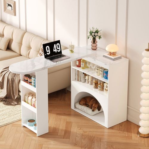 Table D'appoint 120(+80)×40×100 Cm Avec Motif Marbre, Passage Animal, En Mdf, Blanc